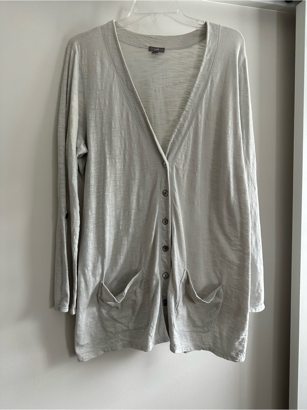 J Jill Light Gray Abalone Shell Button Roll Tab Sleeve Cardigan w/Pockets 1X